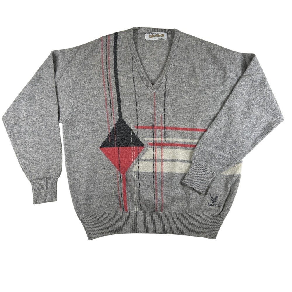 Vintage Lyle & Scott Sweater Mens 2XL 48 Geometric Wool Knit Scotland 80s Retro